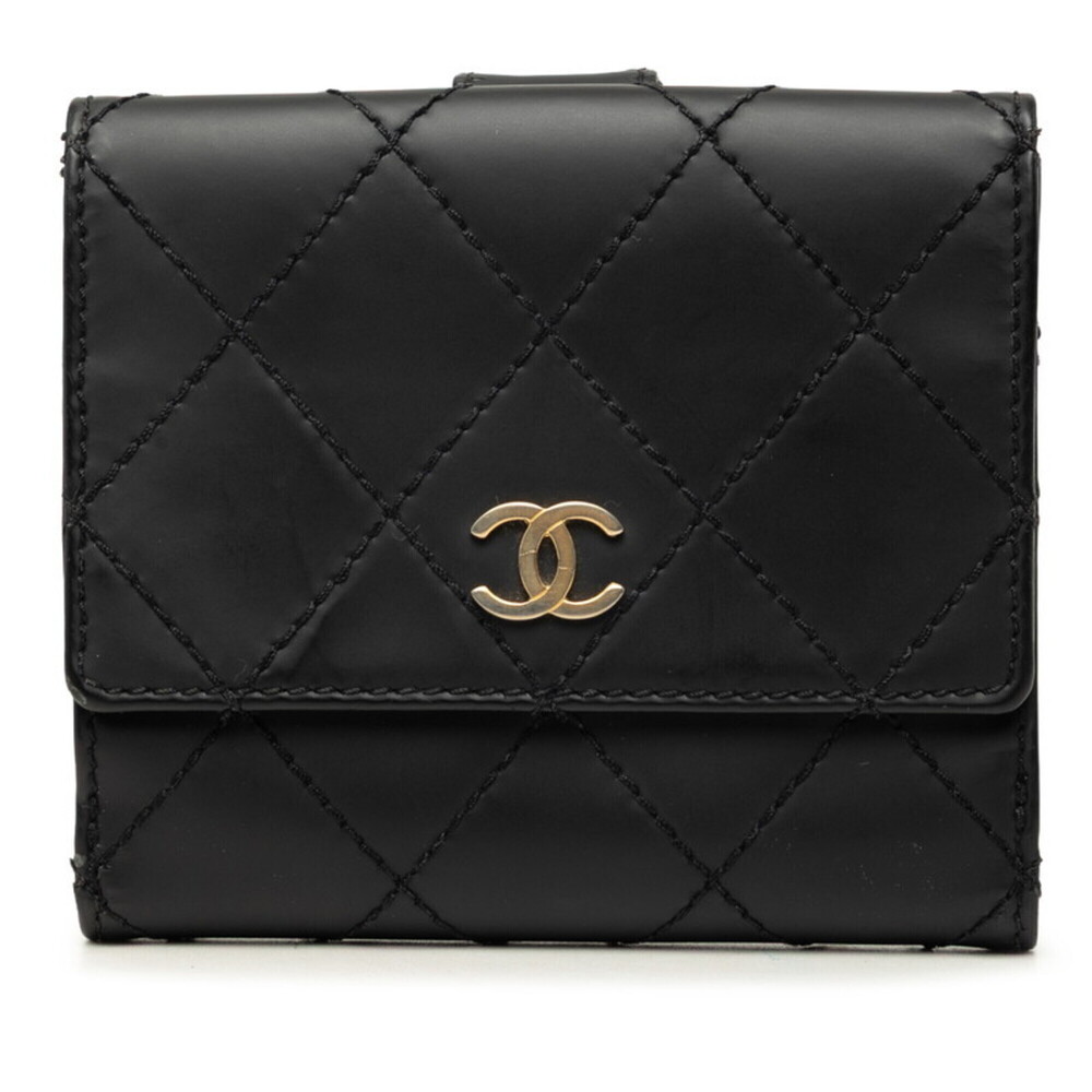 Chanel Wild Stitch Coco Mark Bi-fold Wallet Black Gold Leather Women's CHANEL